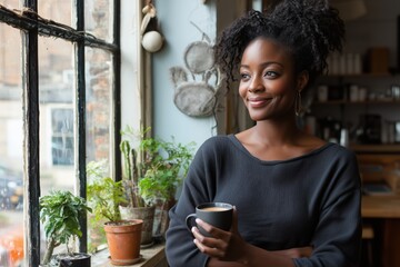 Black woman with coffee by window, promoting calm and self-reflection