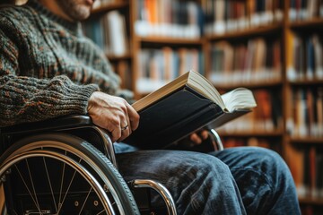 Disabled man in wheelchair reading book in library, concept of Lifelong Learning