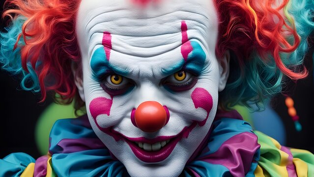 A colorful poster of a clown with a face painted in neon colors