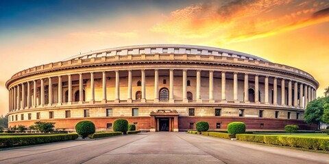 Minimalist Representation of the New Indian Parliament Building with a Clean Aesthetic and Simplistic Design Elements for Modern Architectural Photography