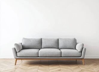 A modern grey sofa with wooden legs sits in front of a white wall and hardwood floor.