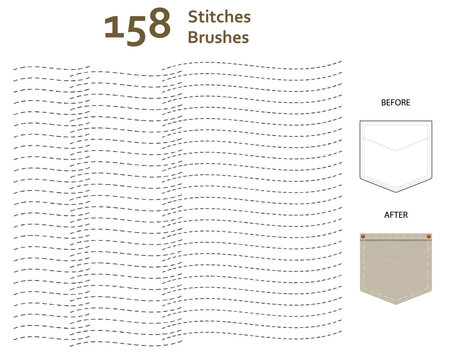 Set of 158 rough stitches art brushes with various lengths for clothes, decoration, story book, animation/illustration. Compatible with Adobe Illustrator CS6 and above.
