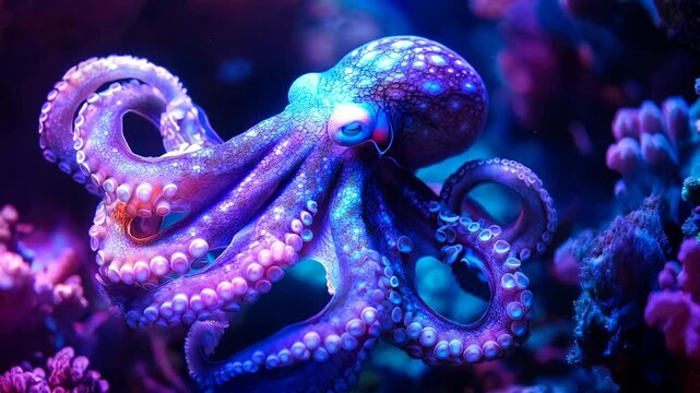 Iridescent octopus gracefully gliding through vibrant coral reefs in a mesmerizing underwater paradise 4K Video