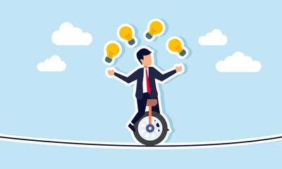 A businessman rides a unicycle on a tightrope while juggling several lightbulbs, illustration of take risk decisions in choose the right business ideas and innovations © B Design