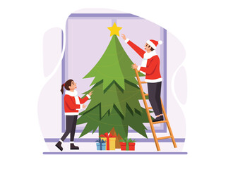 Flat Vector Illustration Decorating the Christmas Tree