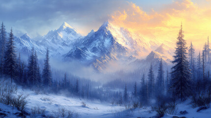 Obraz premium Winter Landscape with Snow-Covered Mountains and Forest, Serene Cold Nature Scene, Sunset View