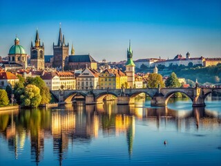 Fototapeta premium Minimalist View of Prague's Iconic Skyline with the Vltava River, Featuring Historic Bridges and Serene Architecture Under a Clear Blue Sky