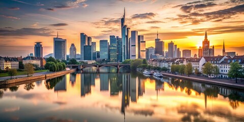 Fototapeta premium Minimalist View of Frankfurt's Skyline: A Serene Perspective on Modern Architecture and Urban Life in the Vista Area, Capturing the Essence of the City’s Unique Character