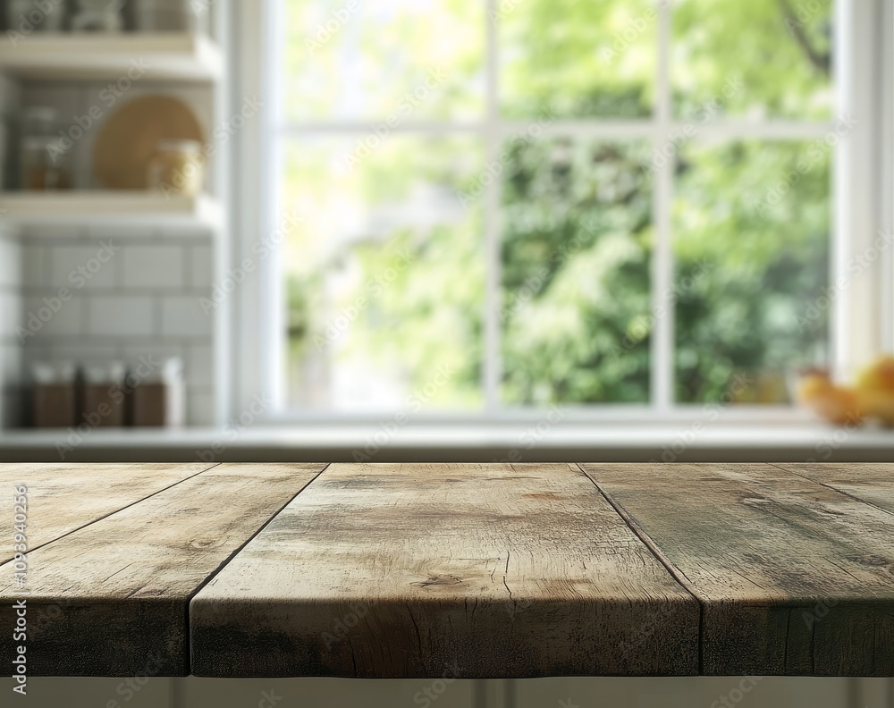 Poster rustic wooden table top with blurred kitchen background and window with green foliage outside.