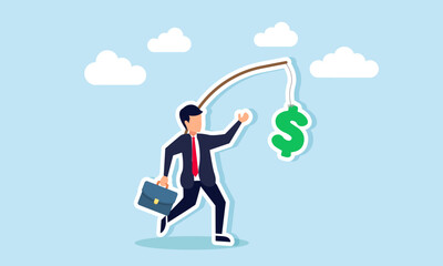 A businessman tries to catch a dollar sign hanging from a rope tied to a wooden plank attached to his body, illustration of efforts to gain business profit