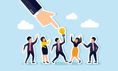 A hand points selects a businessman hold a lamp among several entrepreneurs, illustration of investors choose the right candidate with great ideas and innovation