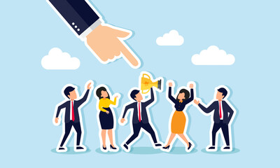 A hand points and selects a businessman holding a trophy among several gathered entrepreneurs, illustration of selecting an outstanding employee candidate