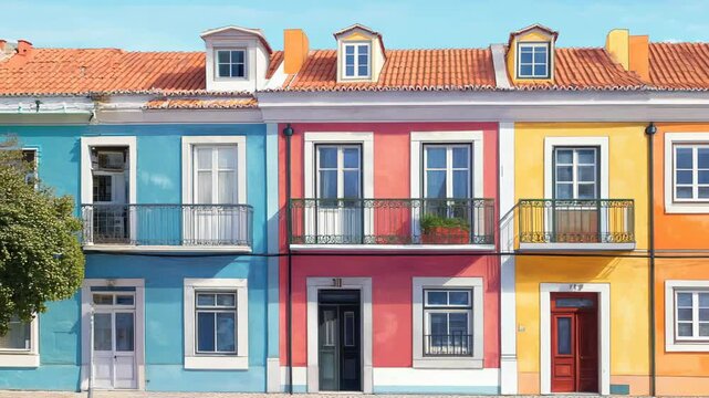 Generative AI of view to street the facade of old houses in lisbon 4K Video