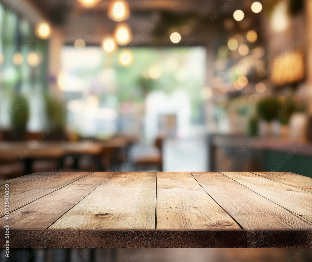 Poster empty wooden table top with blurred cafe background.