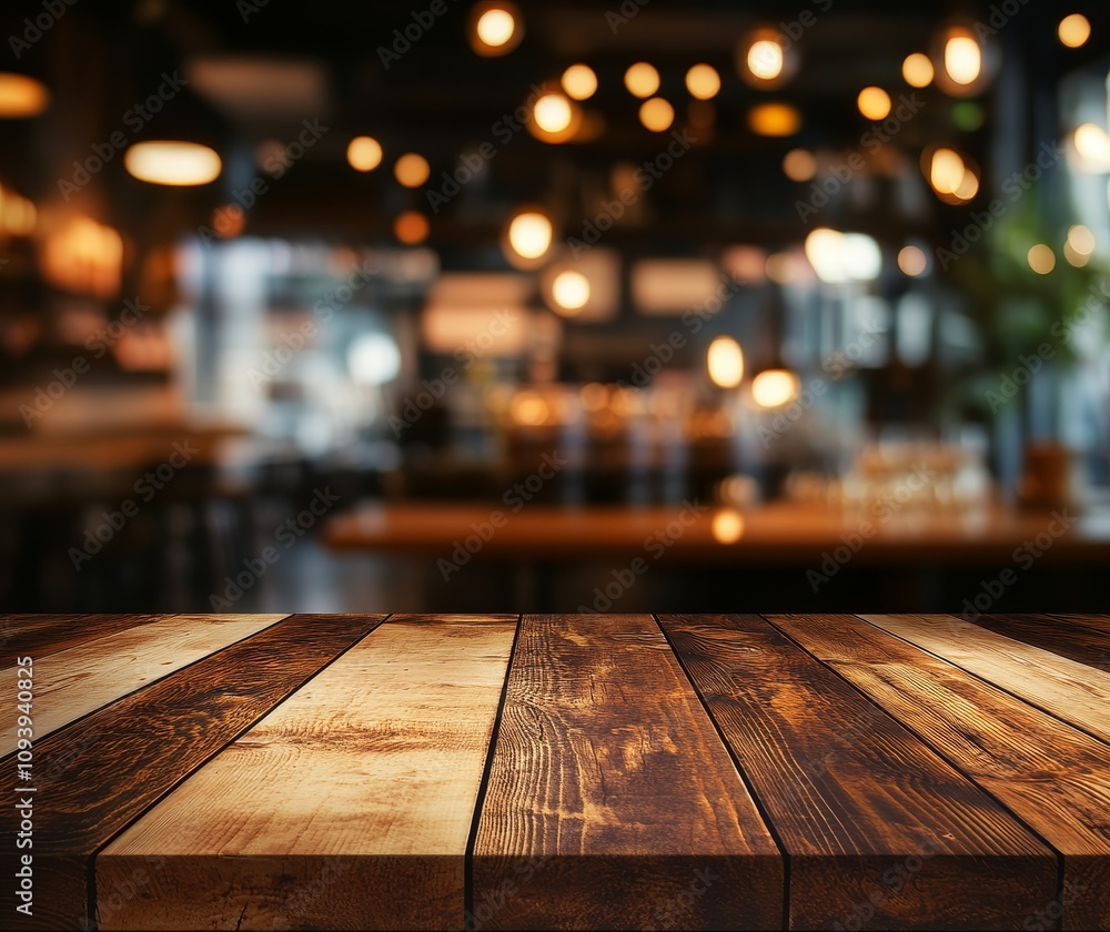 Poster Empty wooden table top with blurred background of a cafe or bar with warm lighting and bokeh.