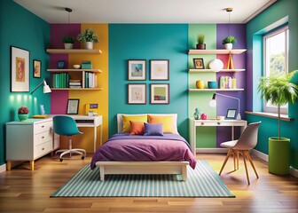 Mock Up Frame in a Stylish Teenager Bedroom Interior Featuring a Track Green Screen for Personalized Decor and Creative Space Utilization