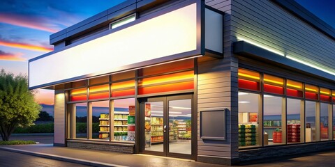 Mockup of a Blank Placard Sign Above a Convenience Store Entrance Showcasing Location and Services with High Depth of Field for Promotional Displays and Advertising Purposes
