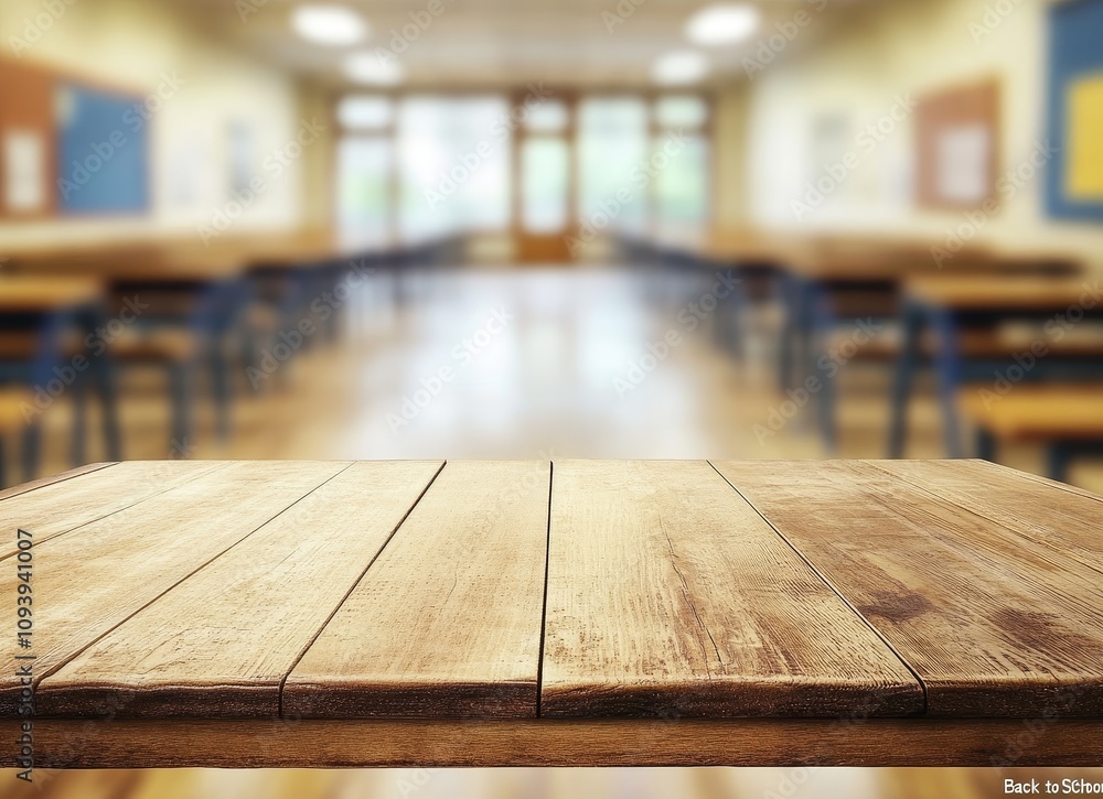 Poster a wooden table top with a blurred background of a classroom.