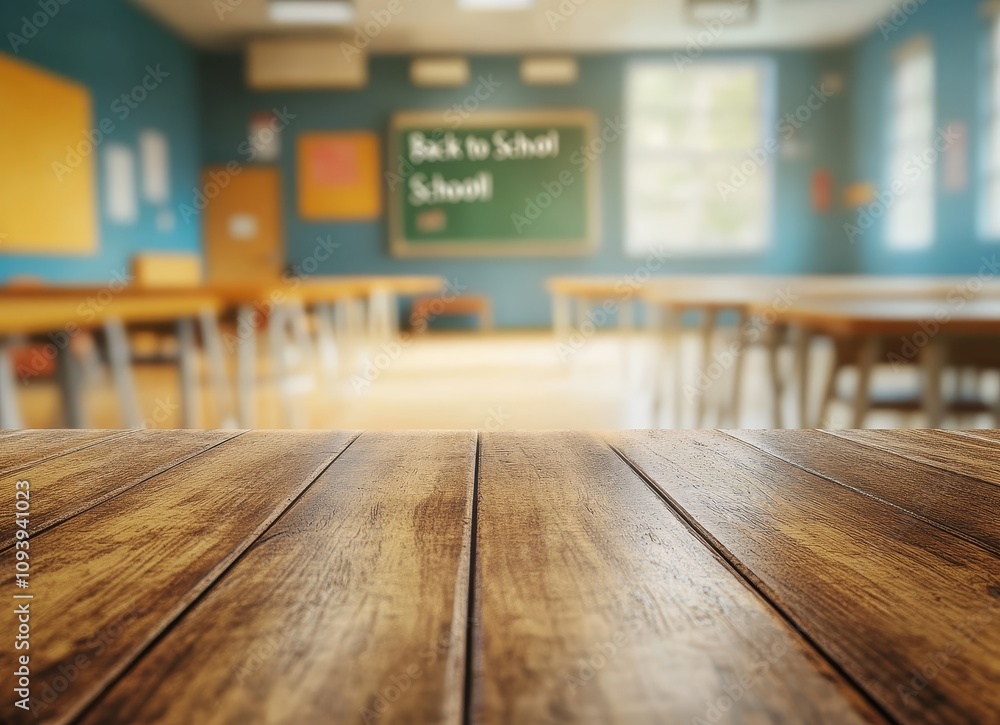 Poster close-up of a wooden desk in an empty classroom with a chalkboard in the background.