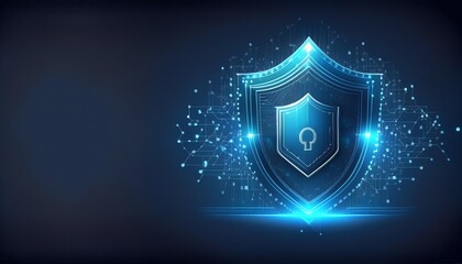 A digital shield icon represents cybersecurity, featuring glowing elements that suggest protection and data security.