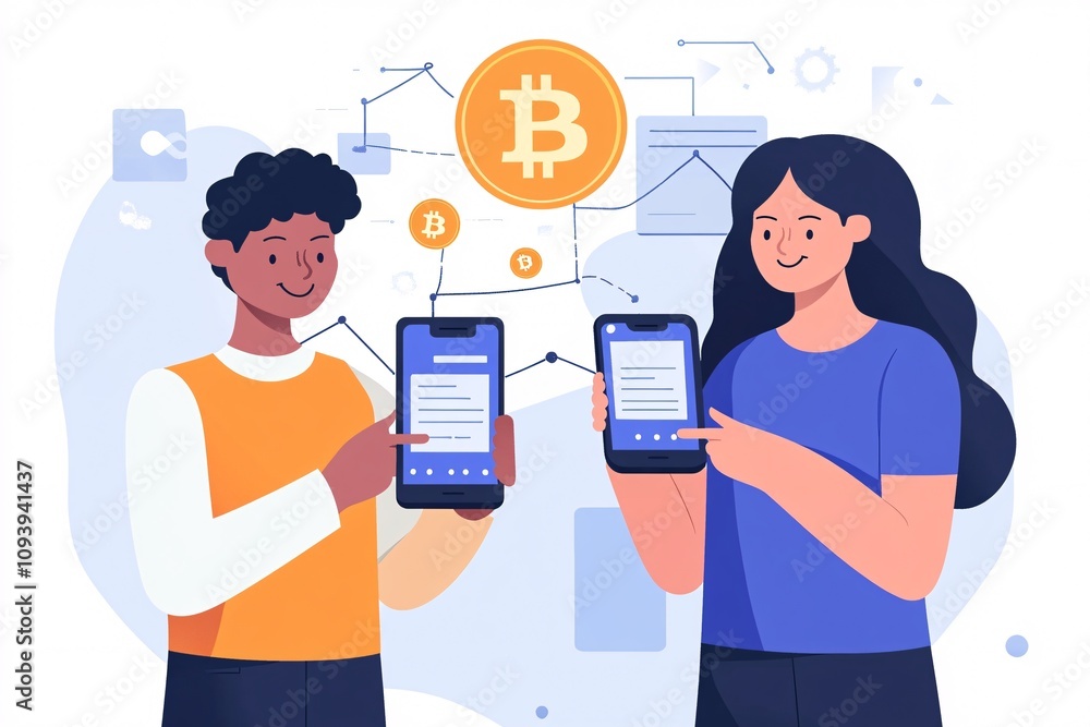 Poster two colleagues using mobile wallets to send and receive bitcoin, emphasizing the practicality of cry
