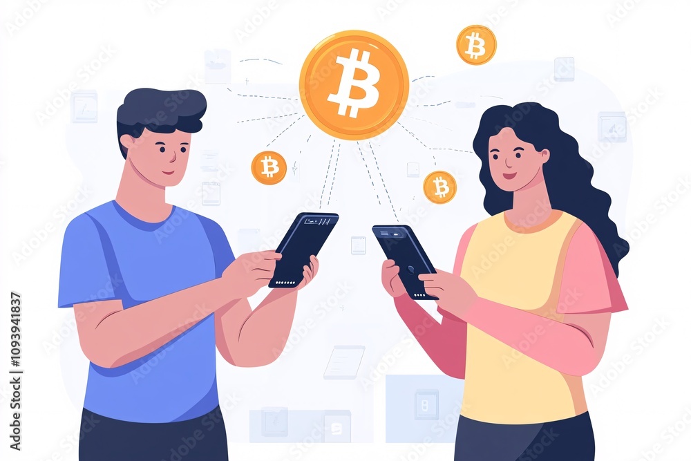 Poster an illustration of a smooth bitcoin exchange between two users with mobile wallets, highlighting tru