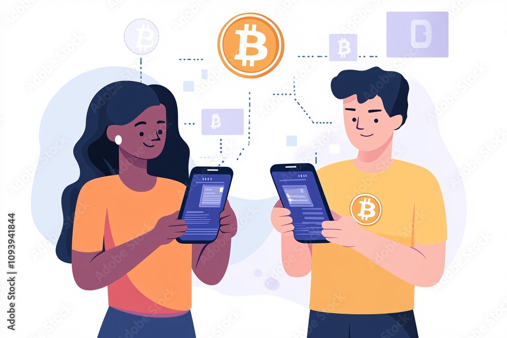 Poster a dynamic illustration of two people finalizing a bitcoin transaction, reflecting trust and simplici