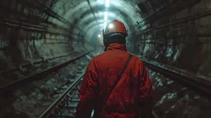 Obraz premium Exploring the Depths Miner in Red Gear Abandoned Tunnel Photography Dark Environment Unique Perspective Industrial Exploration