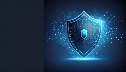 A glowing blue shield with digital elements symbolizes cybersecurity and protection in a modern design.