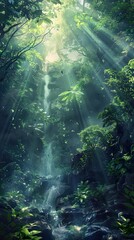 Obraz premium Tranquil Waterfall in a Lush Tropical Rainforest - Serene Landscape Photography