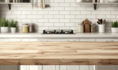 Empty wooden kitchen counter with a blurry background of a kitchen.