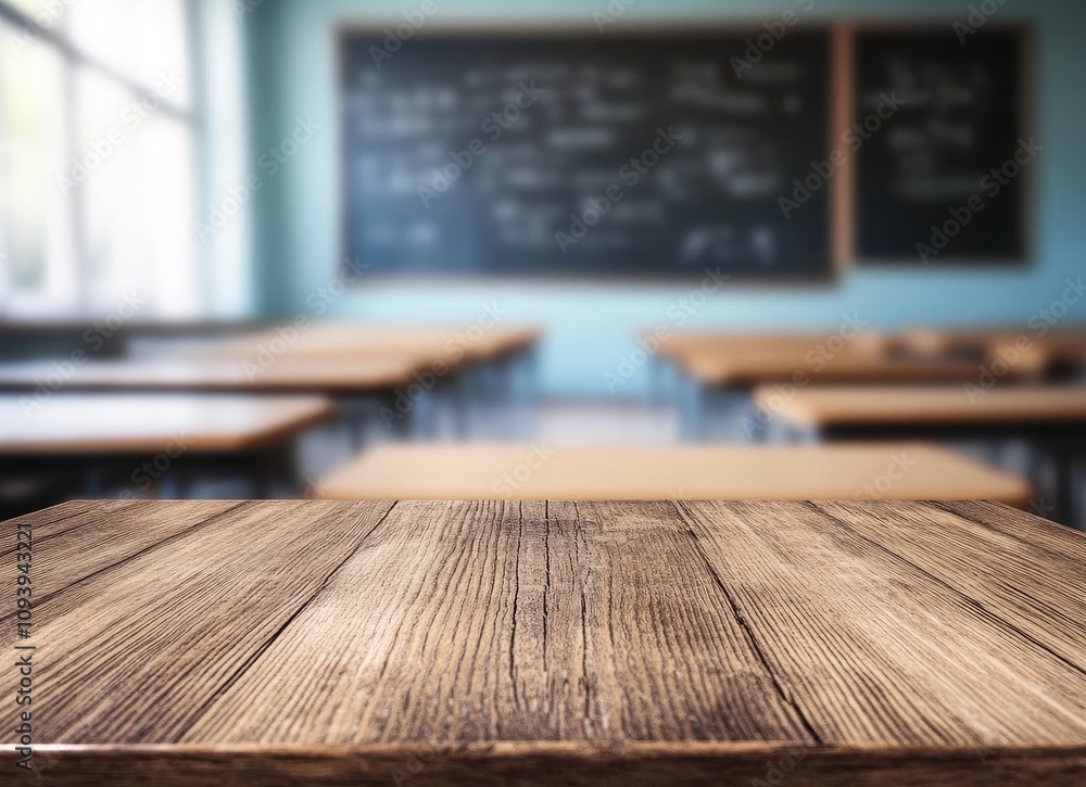 Poster empty wooden desk in a classroom with a chalkboard in the background. (1)