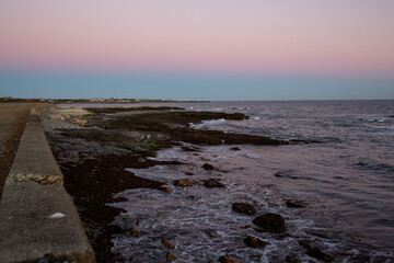 Nighttime rocky coastline of Rhode Island, USA