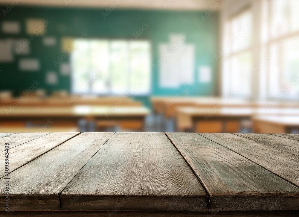 Poster a rustic wooden table with a blurred background of a classroom.