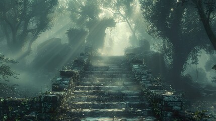 Mystical Stone Steps Leading Through a Misty Jungle: A Journey to a Lost Civilization