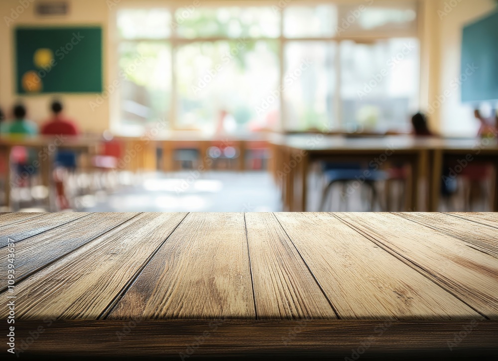 Poster empty wooden table with blurred classroom background.
