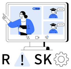 Teacher pointing during live online class with students in graduation caps. Risk text with exclamation. Ideal for education, e-learning, risk management, remote work, communication, training, virtual