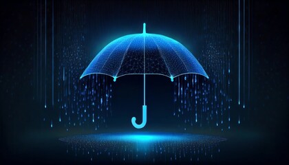 A glowing blue umbrella surrounded by digital rain, creating a modern and tech-inspired atmosphere.