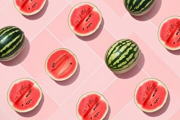 Fresh Watermelons in a Fun Grid: Bright Green and Red Against a Soft Pink Background