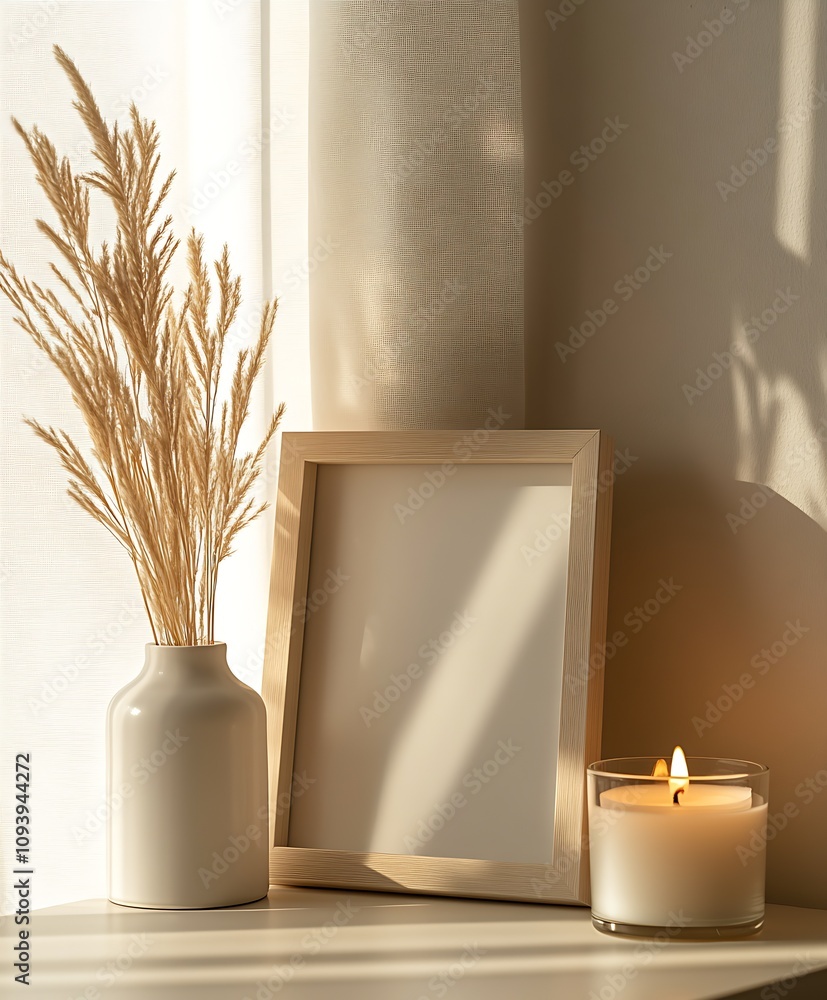 Poster minimalist home decor featuring a candle vase and empty frame : generative ai
