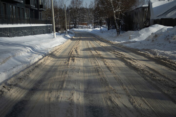 Road in the snow. Skid on the road. Transportation highway after a snowstorm.