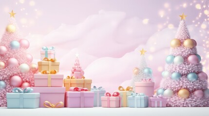 Festive Pink Scene with Gifts and Christmas Trees