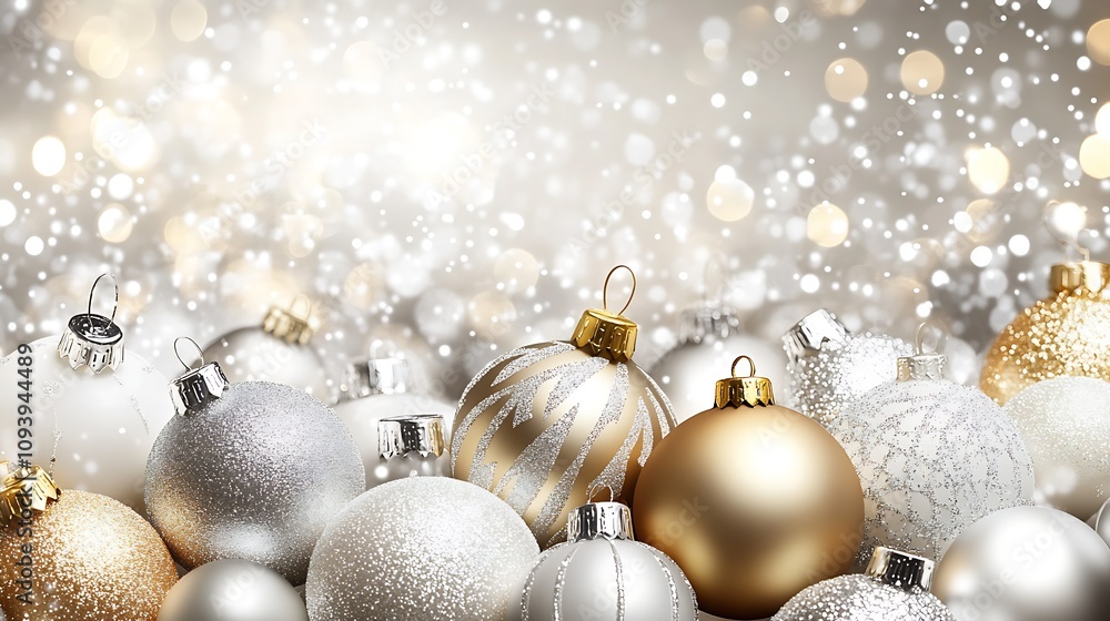 Aufkleber Elegant Array of Gold and Silver Christmas Ornaments with Sparkling Bokeh Background : Generative AI