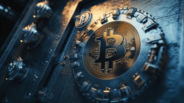 A secure vault door with Bitcoin symbols on it, surrounded by digital shields and encryption codes, symbolizing the safety and protection of digital assets in the crypto world