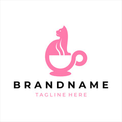 A logo that combines a cat and a coffee cup. The logo is pink.