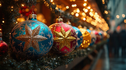 vibrant Christmas market, illuminated by twinkling lights, with colorful ornaments and a festive star centerpiece