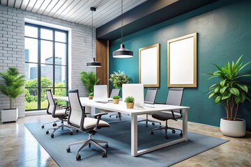 Fototapeta premium Modern Office Space with Mockup Poster, Computer Setup, and Chairs - Ideal for Printing and Illustrative Use in Contemporary Work Environments