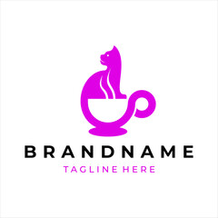 A logo that combines a cat and a coffee cup. The logo is purple.