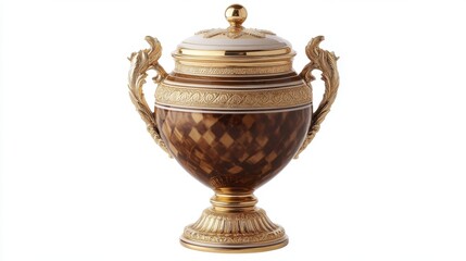 Elegant brown and gold urn with ornate details and handles, isolated on white.
