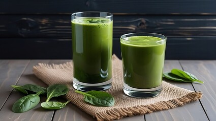 Refreshing Green Juice: Two Glasses of Vibrant Juice with Fresh Spinach on Dark Wooden Surface